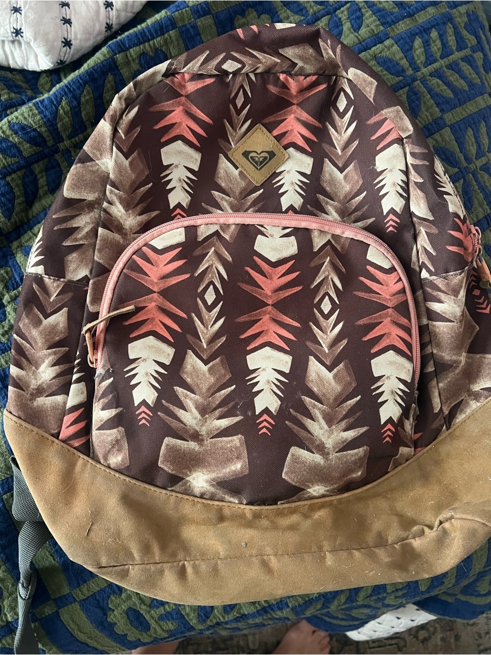 Roxy Brown Canvas Backpack with Pink and Cream Arrow Print